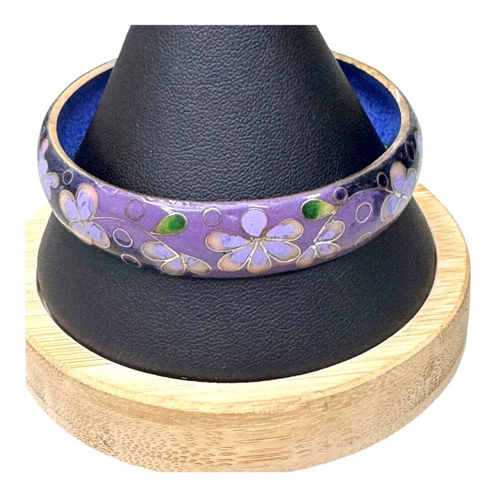 Vintage Cloisonné Enamel Purple & Blue Floral Bangle Bracelet Size 6.5 Estate